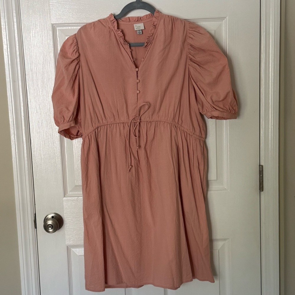 A New Day Pink Mini Dress with Cinch Tie Waist and Puff Sleeves Size M
